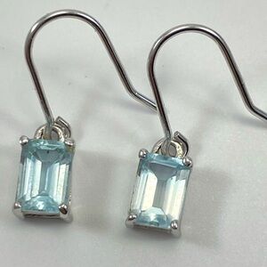 Blue Topaz Baguette Cut Sterling Silver  Solitaire Drop Dangle Earrings